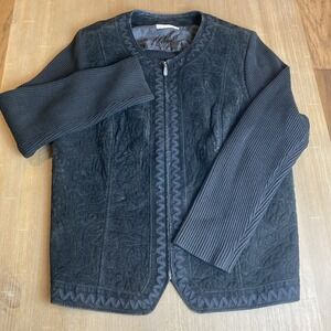 Peter Nygard 2X Black Jacket Leather Suede  Knit Sleeves/Back Full Zip‎ READ